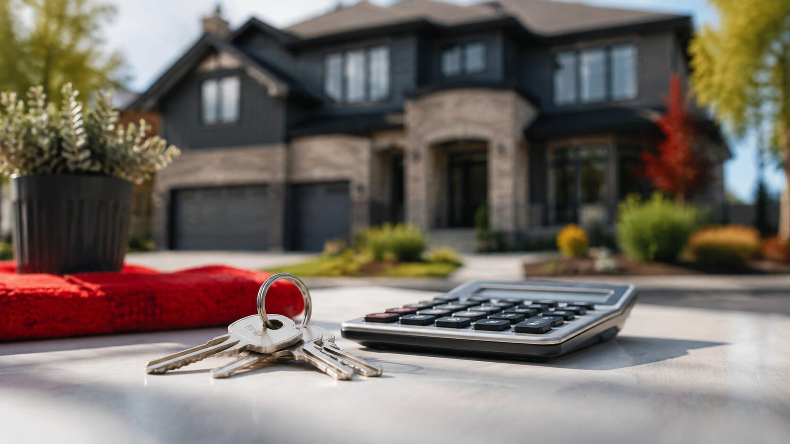 House keys and calculator in front of a Canadian home