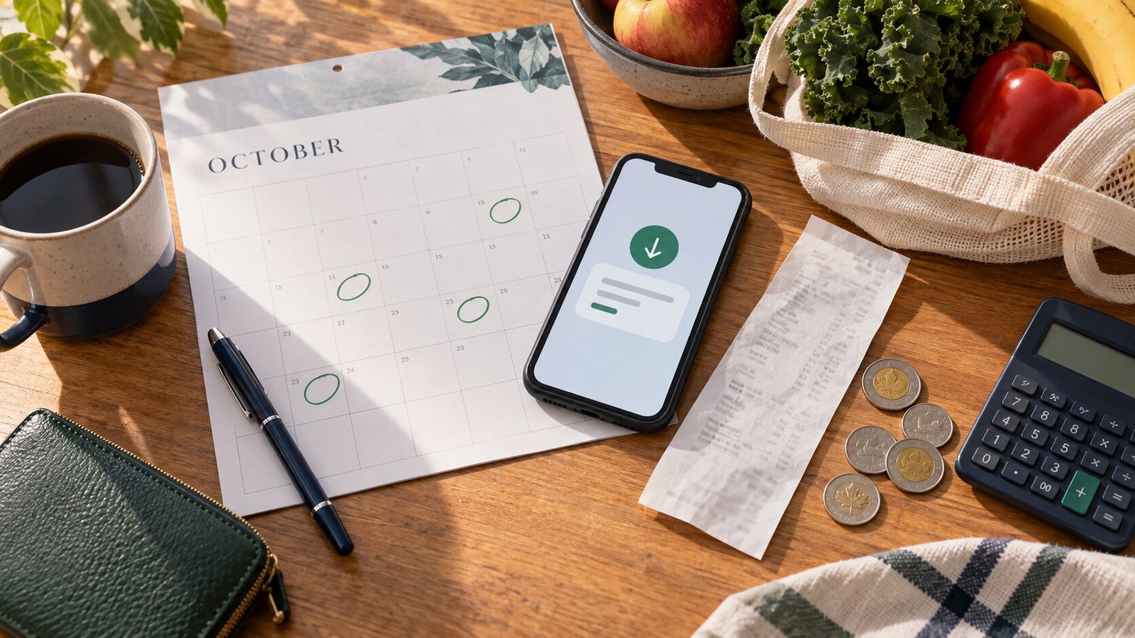 October benefit calendar beside groceries and a direct-deposit notification