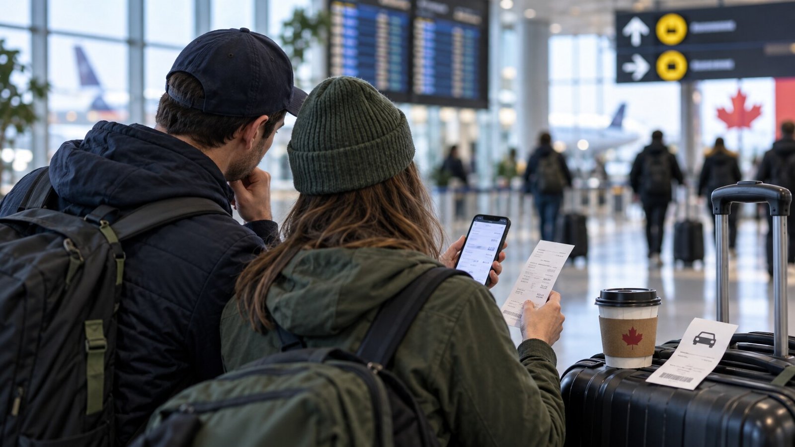 Canadian travellers reviewing receipts in an airport terminal