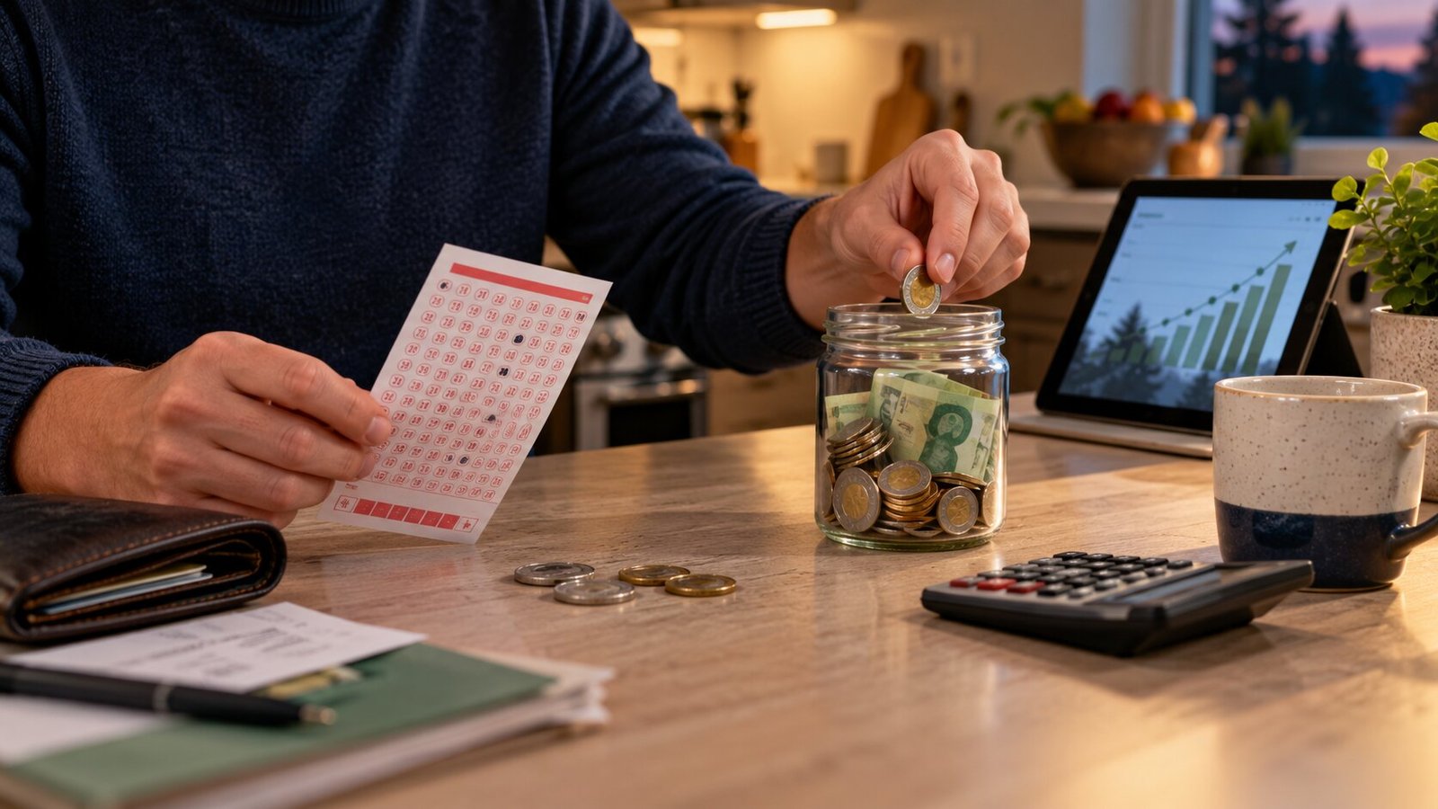Lottery ticket compared with a savings jar and growth chart